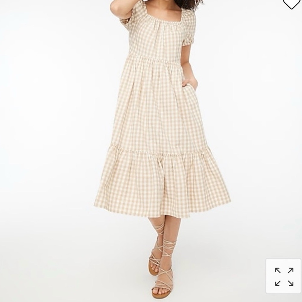 J. Crew Factory Beige and White Gingham Midi Dress with Puff Sleeves Size 0